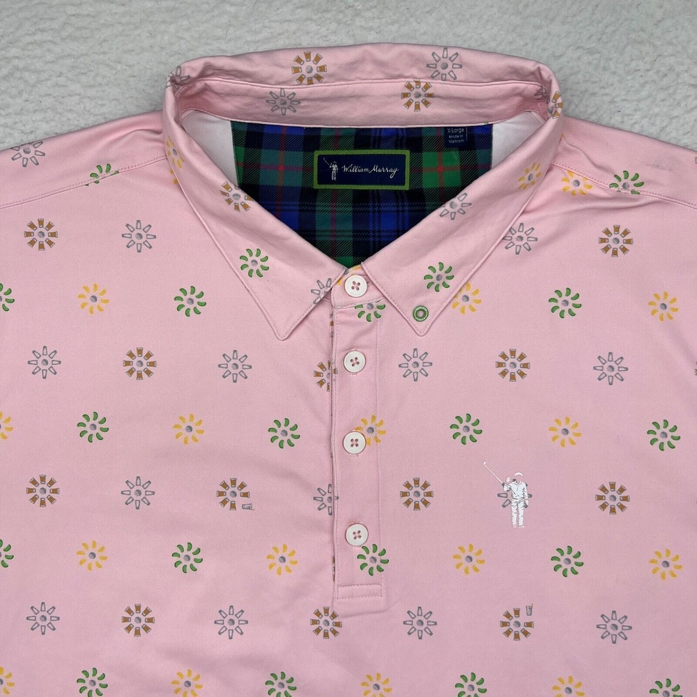 William Murray Golf Polo Pale Pink SS Floral Button Polyester Shirt Men's XL